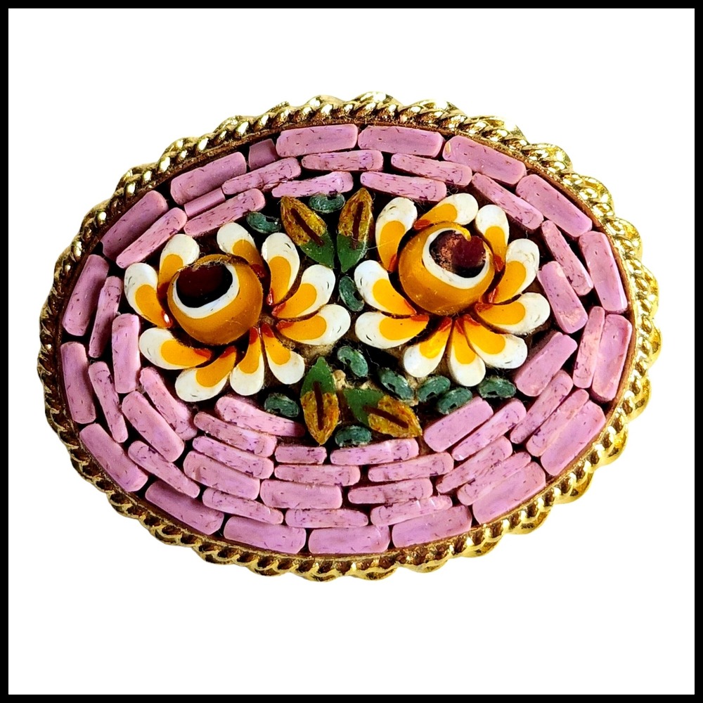 Vintage Italy Micro Mosaic 2 Flowers Floral Pink Pietra Dura Brooch Pin Oval
